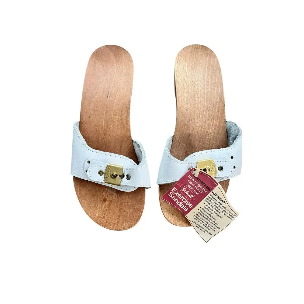 Dr. Scholl's "Old Stock" Vintage Brand New Wooden White Leather Sandals Size 8 - Picture 1 of 10